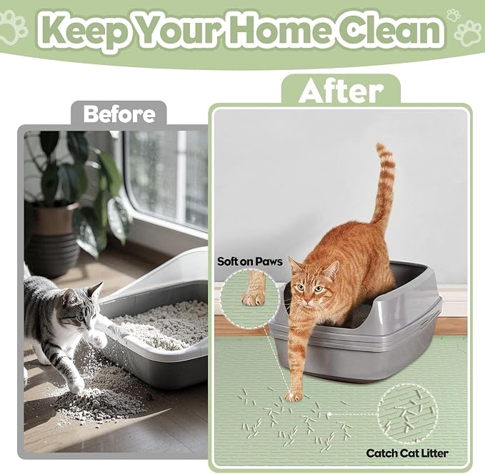 Kalolary Cat Litter Box Mats, Large 34" x 22" Silicone Cat Mat | Easy to Clean Kitty Litter Trapping Mat, Soft on Kitty Paws, Waterproof, Urine-Proof Kittys Litter Mats for Floor, Green