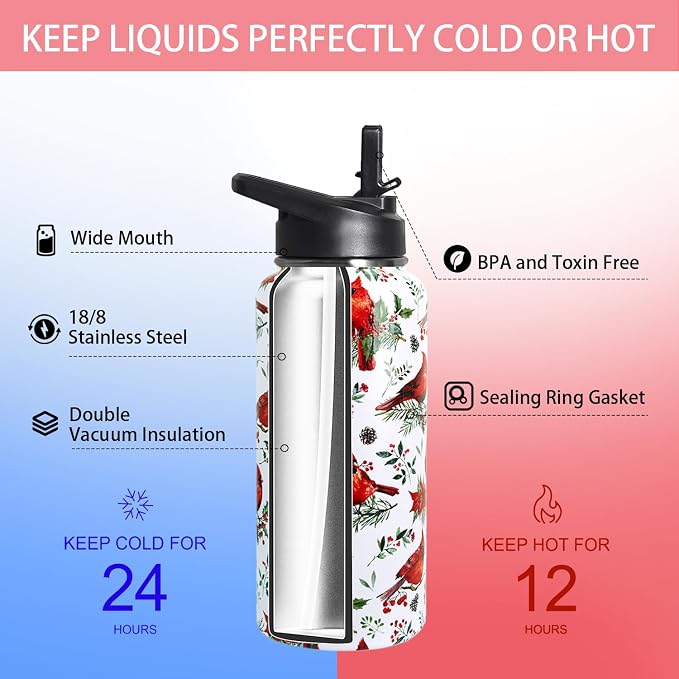 32oz Christmas Red Cardinal Insulated Aater Water Bottle with Straw Gym Hiking Sports Coffee Mug Cup,Christmas Gifts for Women,Christmas Decor Stuff Accessories