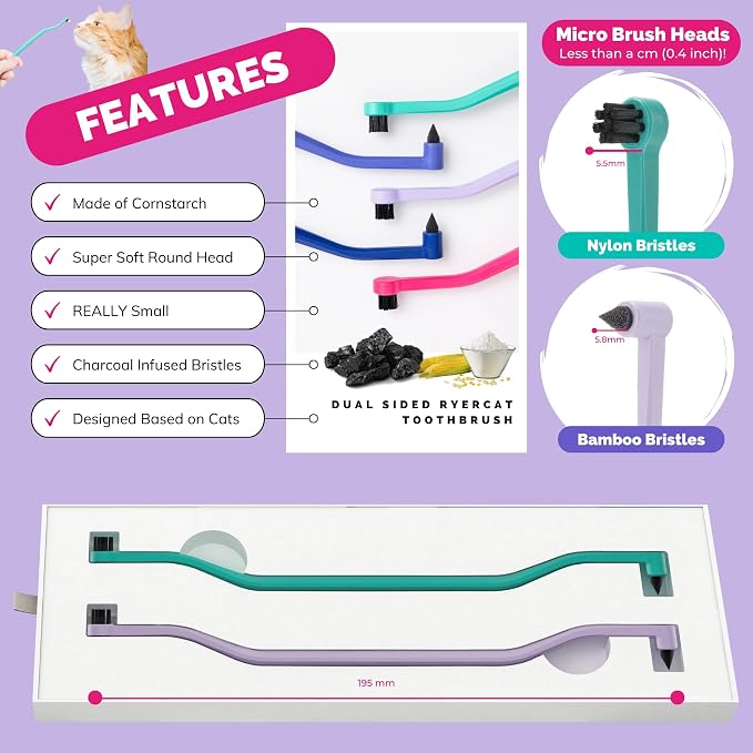 RYERCAT Set of 2 Dual Sided Cat Toothbrush - Kitten Toothbrush with Micro Head to fit into Cat/Kittens Mouth - Cat Dental Care Supplies - Pet Toothbrush for Cats(Lavender Purple & Ocean Blue)