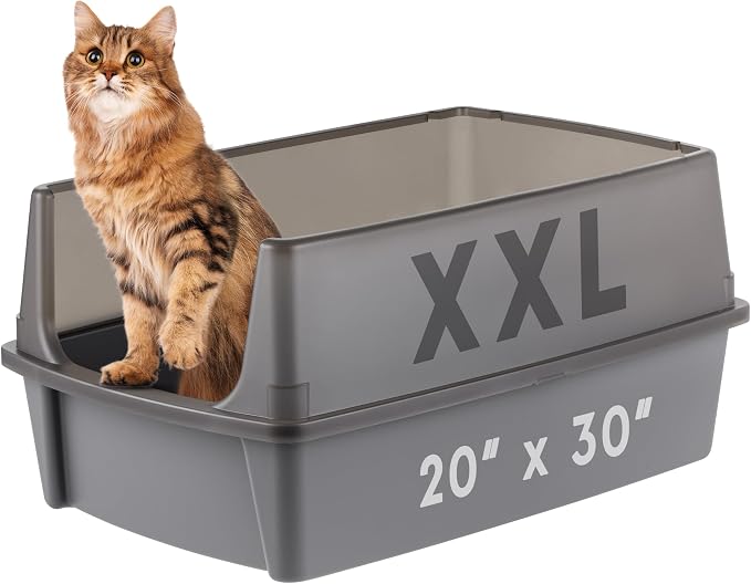 IRIS USA Extra Large Cat Litter Box XXL Open Top High Sided Walls Scatter Shield Scoop Included Easy Clean Plastic Pan for Big Cats Multi-Cat Households 30" L x 20" W x 14" H Gray