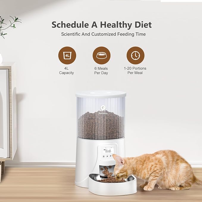 PETULTRA Automatic Cat Feeder: 4L Timed Cats Food Dispenser Programmable 1-6 Meal for Cat and Small Medium Dog- Auto Pet Feeder Dual Power Supply with Stainless Steel& | Detachable Washable White