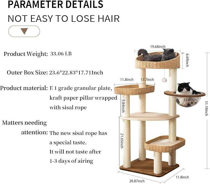 SHODMI 51-Inch Woven Cat Tree Tower for Large Cats with Clear Capsule Bed | 8 cm thick sisal scratching posts, plush & cooling mats, 3 hand-woven basket beds, sturdy multilevel spaces to climb and rest