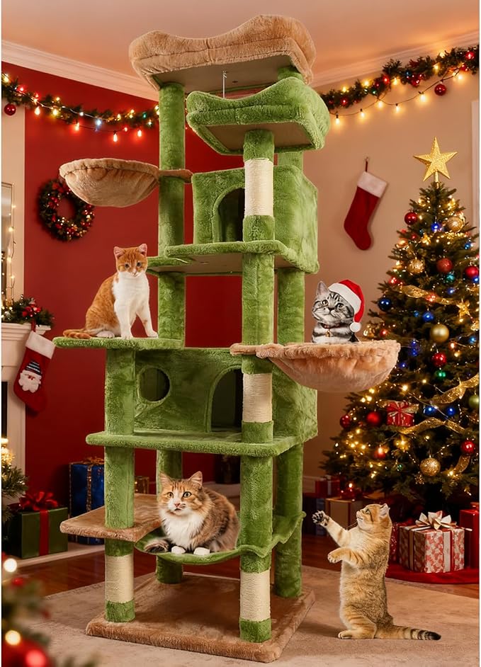 68 Inches Multi-Level Large and Tall Cat Tree Tower for Indoor Cats/Removable Pad/Cat Condo/Sisal Scratching Posts/Hammock/Cat Activity Center/Wide Base Green