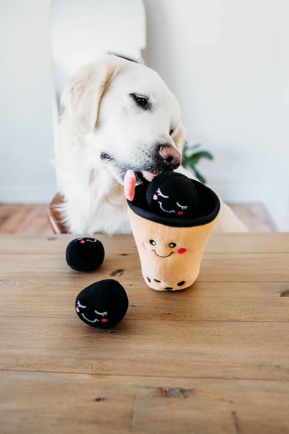 ZippyPaws Burrow- Interactive Dog & Puppy Toys for Boredom, Stimulating Pet Products to Keep them Busy, Hide & Seek Plush Dog Puzzles, Squeaky Enrichment for Small, Medium, & Large Dogs- Boba Milk Tea