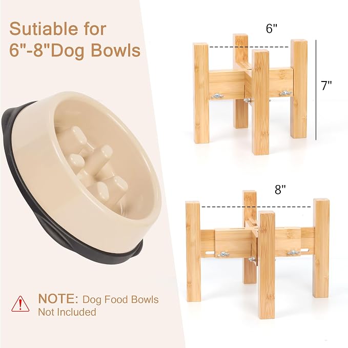 Elevated Dog Bowl Stand Adjustable Dog Food Holder 7”H Small Bamboo | Raised Stand, for Small Dogs, Fits 6”-8” Bowls, Single Bowl Holder, Natural Bamboo, Solid, Classic
