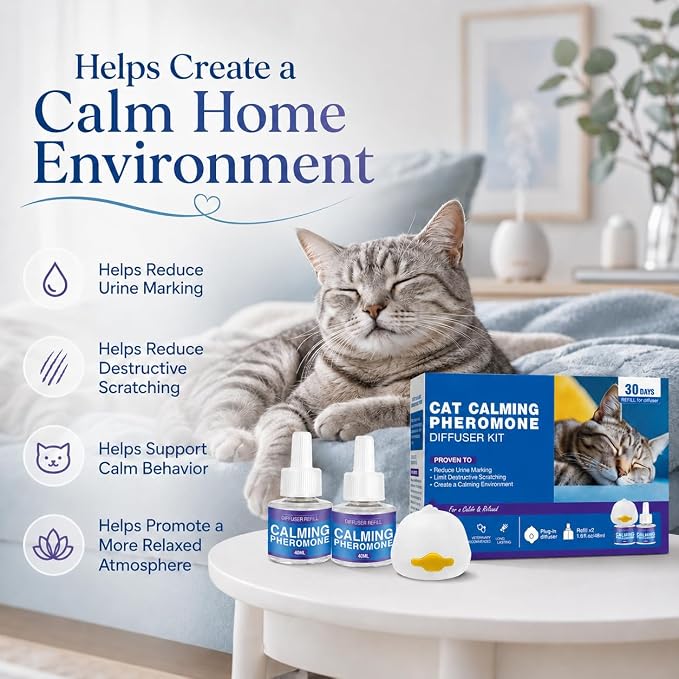 Cat Calming Diffuser Kit, Cat Pheromone Diffuser with 2 Liquid Refills, Plug In Calming Diffuser for Indoor Cats, Helps Create a Comfortable Home Environment for Multi Cat Households, 60 Day Supply
