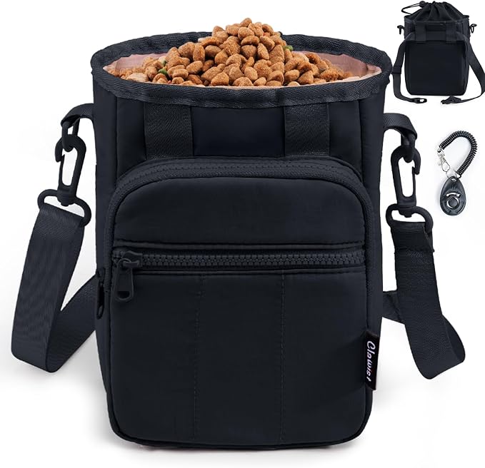 Stylish Dog Training Treat Pouch with Waist & Shoulder Strap, Dog Treat Bag for Walking and Training, Removable Waterproof Liner, Drawstring Treat Holder with Front Pocket & Clicker