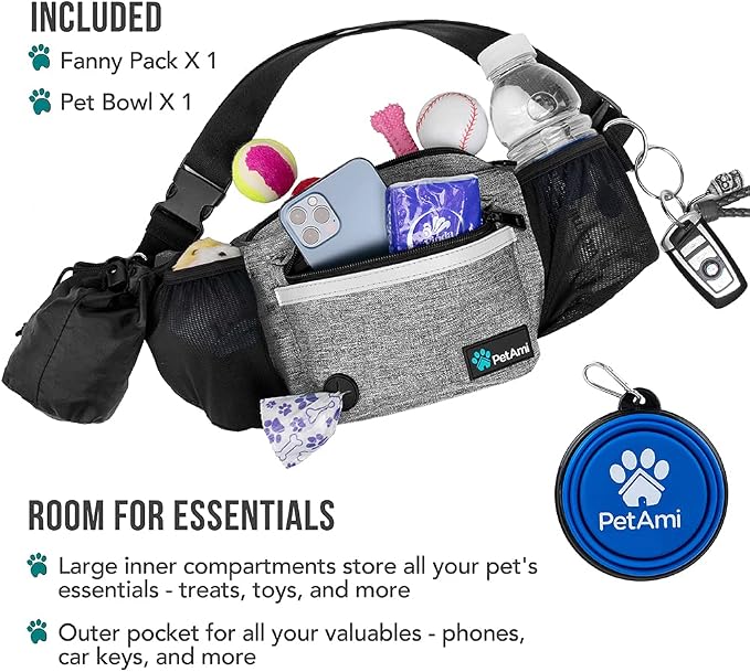 PetAmi Dog Fanny Pack, Treat Pouch for Dog Walking Training, Light Gray | Built in Poop Bag Dispenser, Water Bottle Holder, Collapsible Bowl, Pet Treat Waist Belt for Hiking Running Kibbles