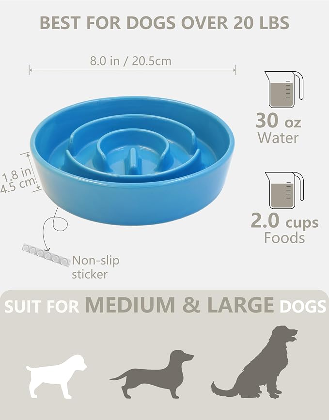 Ceramic Slow Feeder Dog Bowls, 2.0 Cups Slow Feeder for Medium Dogs, Puzzle Maze Bowl to Slow Down Eating, 30oz, 8in, Blue