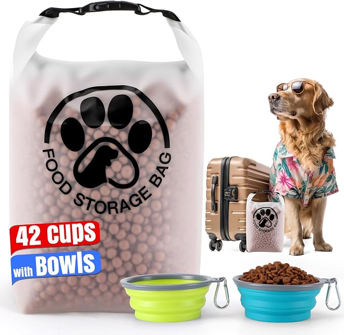 Pet Food Storage Bag for Travel - Transparent Leak-Proof Dog Food Container with Roll-Top Closure, Keeps Kibble Fresh for Camping Trip, Dog Boarding, Weekend Getaways (42 Cups+bowl)