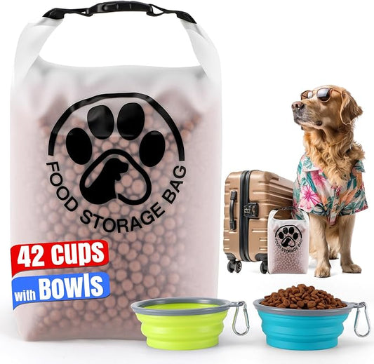 Pet Food Storage Bag for Travel - Transparent Leak-Proof Dog Food Container with Roll-Top Closure, Keeps Kibble Fresh for Camping Trip, Dog Boarding, Weekend Getaways (42 Cups+bowl)