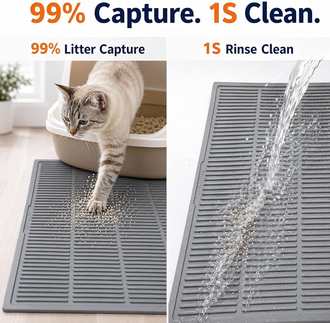 Heavy-Duty Cat Litter Mat: 10,000 Scratch Motions Tested | Large Extra-Thick Silicone Mat - No Holes for 3 Years