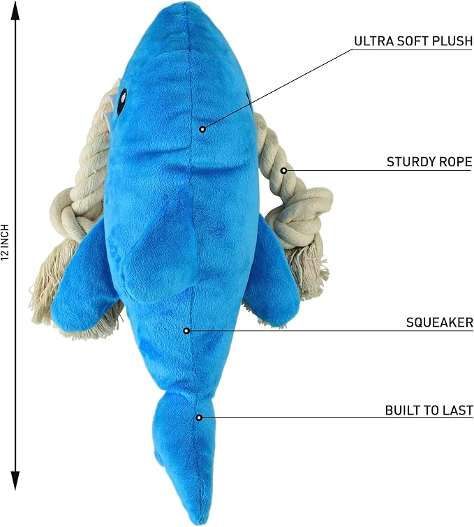 Native Pup Dog Toy Rope and Plush Stuffed Squeaker, Tug of War Toys for Dogs, Puppy Welcome Home Add on for Pets (Shark)