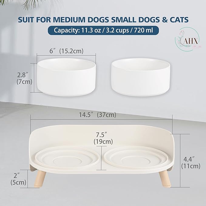 Elevated Ceramic Dog Bowl Set - Double Dog Feeding Bowls with Stand Splash Proof - Raised Dishes for Food and Water - Ideal for Small to Medium Dogs - 2 x 720 ml - 11.3 oz - White