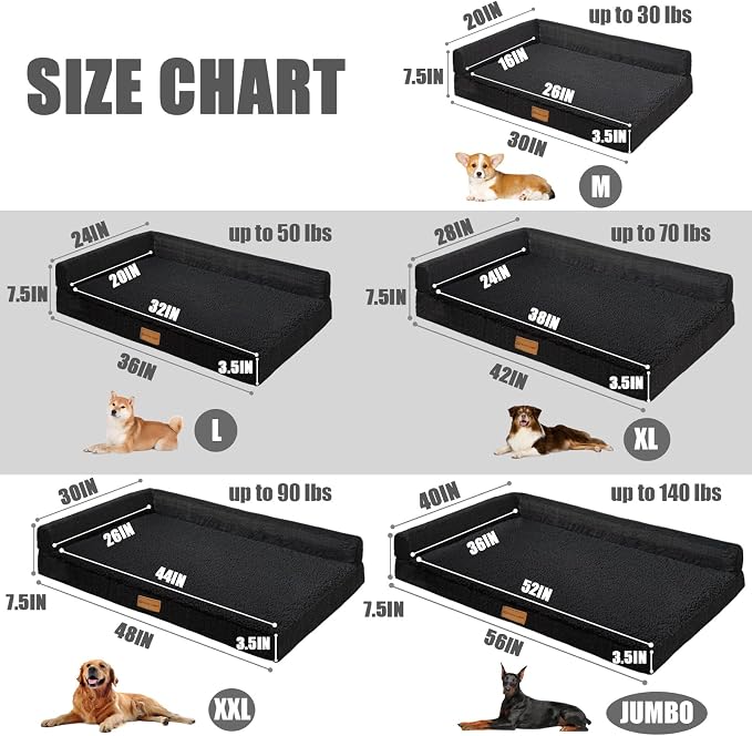 Patas Lague Orthopedic Large Dog Bed Washable Pet Sofa Bed 36''X24'' Black | 2-Sided Bolster Egg-Crate Foam Dog Couch Large Sized Dogs, Waterproof Removable Washable Cover, Nonskid Bottom Pet Crate Mat