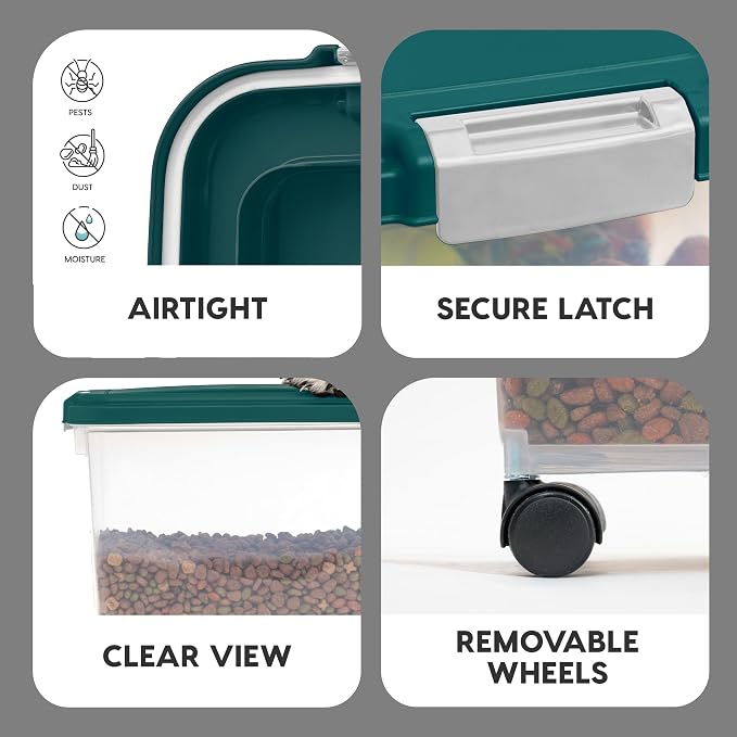 IRIS USA Airtight Pet Food Container, Up to 30 lbs & 11 lbs, Green | Airtight Seal, BPA-Free, 2-Cup Scoop, Stackable Design, Rolling Wheels, Dual Storage