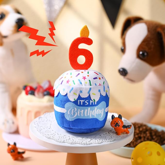 Dansydaisy Dog Birthday Cake Toy Squeaky Plush Toy for Girl Boy Gifts, Chew Accessories for Dog Birthday Party Decor Favor for Large, Medium and Small Dogs(6th,Blue)