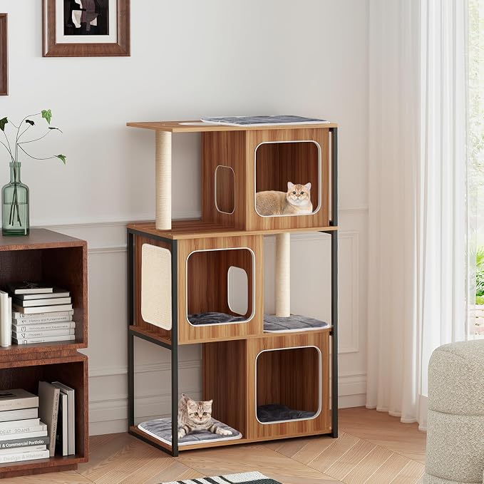 52-inch Wood Cat Tree for Indoor Cats, Multi-Level Solid Metal Framed Wooden Cat Tower with Sisal Scratching Posts and Pad, 3 Condos, and Top Platform with Cat Hole