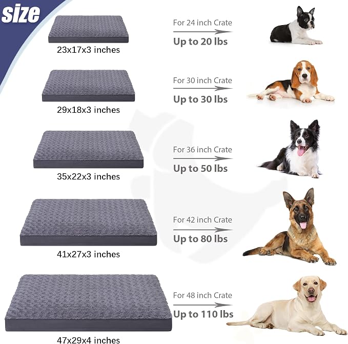 KSIIA Washable Dog Bed for Crate Waterproof for Medium Dogs,29x18 Inch,Gray | 3in egg crate foam,orthopedic support,Soft rose velvet,3ply waterproof fabric,removable cover,anti-slip base,washable