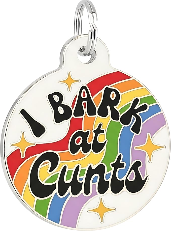 Bad Tags Personalized Dog and Cat ID Tags in 25+ Designs and 2 Sizes - 5 Lines of Custom Engraved Text - Funny Cute Personalized Pet Tags (I Bark at C*NTS - Rainbow, Small (1 inch))