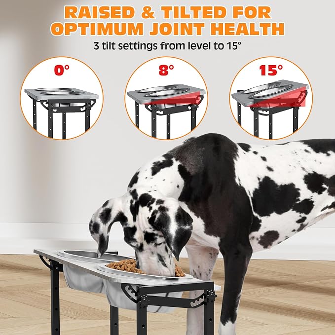 Elevated Dog Bowls for Extra Large Dogs, 4 Height Adjustable Tilted Raised Dog Bowl Stand with 2 Stainless Steel 150 oz Bowls, 16.1" Tall Dogs Bowl Stand Feeder for Giant Breed