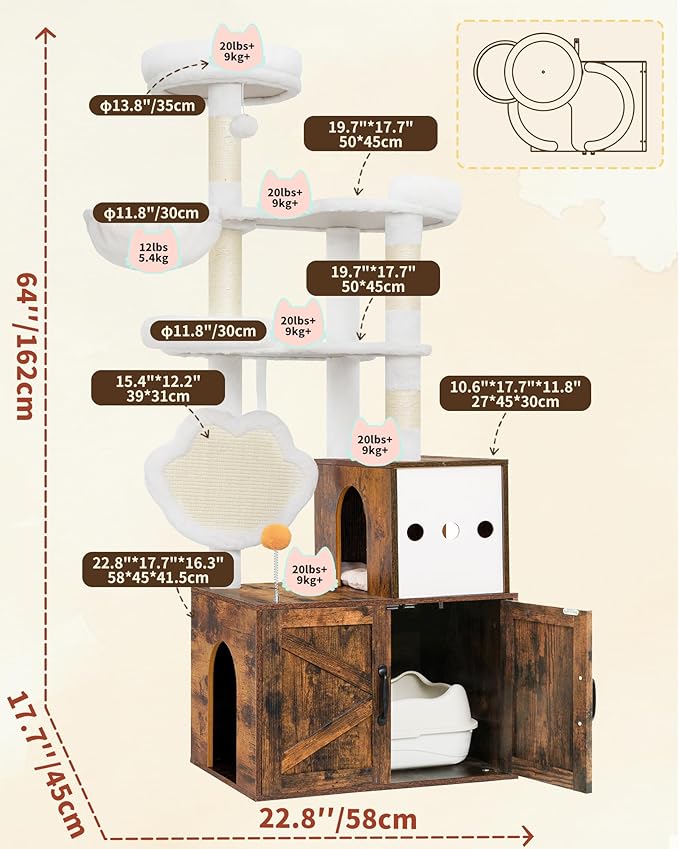 Heybly Cat Tree with Litter Box Enclosure, Modern 64" Hidden Tower HCT105SR | All-in-One Solid Wood Cat Condo for Indoor Cats with Paw-Shaped Board, Multi-Level Perch & Playzone, Rustic Brown