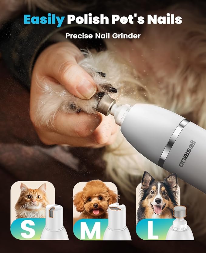 oneisall 4 in 1 Dog Grooming Kit with LCD Display (White) | Paw Hair Trimmer & Nail Grinder, Rechargeable, Cordless, Low Noise, IPX7 Waterproof, 3 Speeds Pet Grooming Clippers