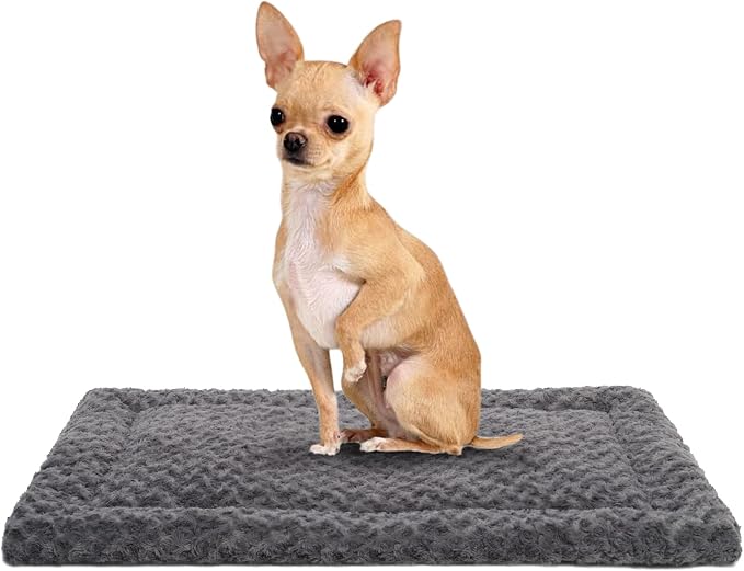 Exsnugy Washable Dog Bed Mat Medium Size Fluffy Pet Crate Pad 24x18 | Non-Slip Bottom Kennel Beds Ultra Soft Comfy Sleeping Mattress for Large Medium Small Dogs Gray