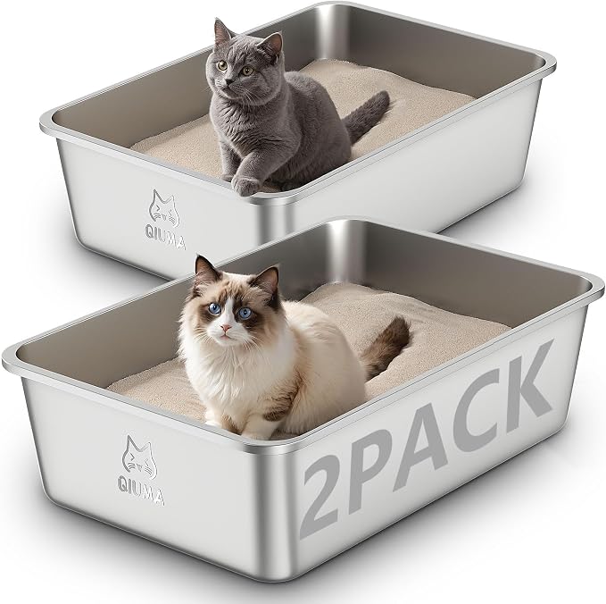 Qiuma 2 Pack Stainless Steel Cat Litter Box, 23.4" L×15.6" W×7.8" H, Metal Kitty Litter Box with High Sided for Big Cats, Non-Stick, Easy to Clean, Odor-Free