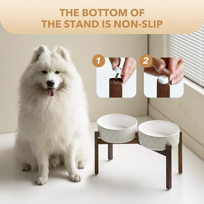 Havniva 8.2" Elevated Dog Bowls Ceramic Raised Dog Bowl with Non-Slip Stand (Acacia Wood) Weighted Dog Food & Water Bowl for Large Breed Dogs - 7.6 Cups 60 oz