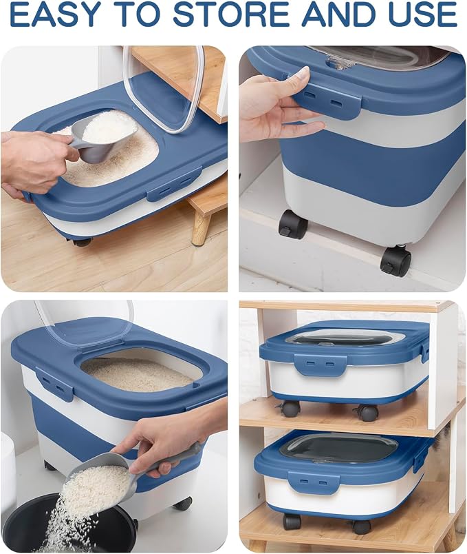 20-30 Lbs Rice Storage Container,Collapsible Food Storage Container | Flour Storage Container with Wheels Airtight Locking Lid,Rice Container Double Seal,Keep Fresh for Pet Food,Rice,Flour