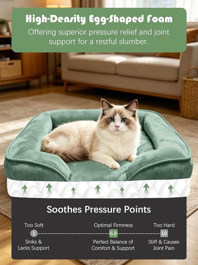 Spotted Play Orthopedic Dog Bed with Sides - Sofa Beds for Small Dogs, Supportive Foam Pet Couch Bed with Washable Removable Cover, Waterproof Lining and Non-Slip Bottom, Green - S
