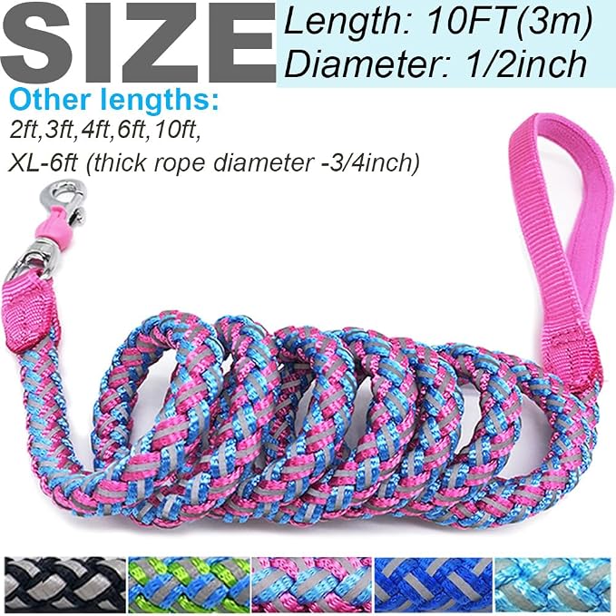 2/3/4/6/10 Foot Reflective Dog Leash Strong Nylon Rope Braided Heavy Duty for Large Medium Small Dogs Walking Training Leads (Pink, 10ft * 1/2")