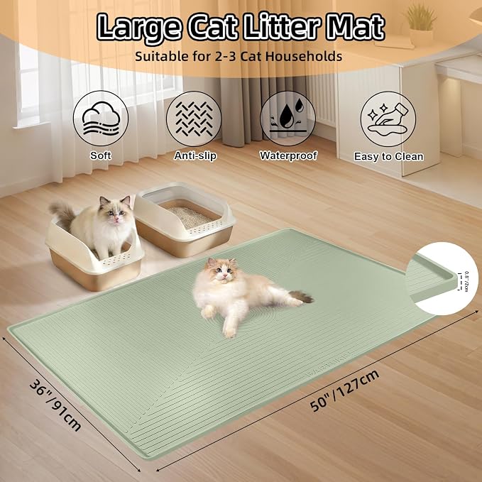 Silicone Cat Litter Mat 50" x 36" Cat Mat for Litter Box, Green | Extra Large Cat Litter Trapping Mat for Floor, Waterproof, Non-Slip Kitty Litter Box Mat with Raised Edge, Easy to Clean