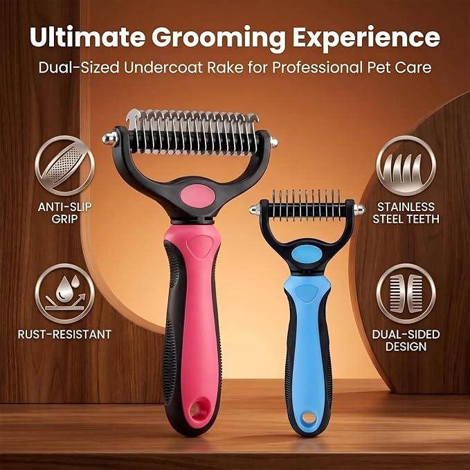 Dematting Comb for Dogs and Cats, 2026 New Undercoat Rake Pet Brush for Long Hair, 2-in-1 Dual-Sided Deshedding Dog Brush Removes Tangles Knots and Loose Fur, Grooming Tool for Thick Coats (Blue L)