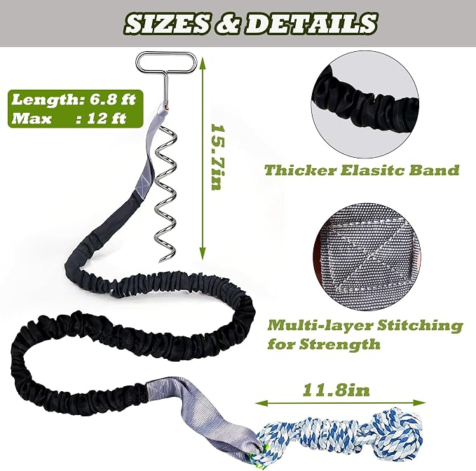 Dog Bungee Tug Toy with Steel Stake & 2 Chew Balls, 6.8ft Stretch Rope tug Toy - Tether Tug for Large/Medium/Small Dogs - Outdoor/Outside Dog Tug of War Toy (Lawn/Tree Use)