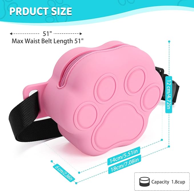 Dog Treat Pouch with Training Clicker and 2 Poop Bags, 1.8 Cup Small Sealable Zipper Silicone Fanny Pack with Waist Belt, Pet Puppy Training & Walking Essentials (Pink)