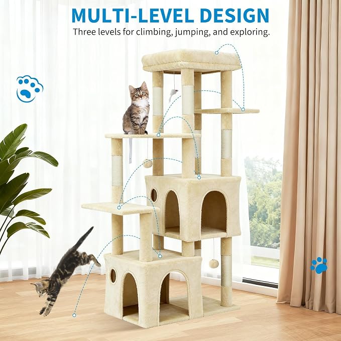 61" Large Cat Tree Tower for Indoor Cats, Heavy-Duty Multi-Level Cat Condo for Maine Coon & Big Cats with Extra-Large Perch, 2 Spacious Houses, Sisal Scratching Posts & Hanging Toys - Beige