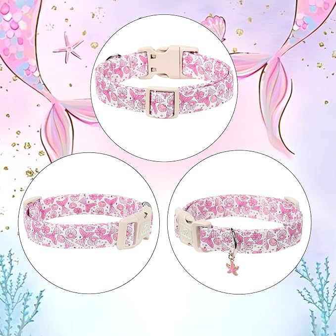 Girl Dog Collar, Summer Pink Mermaid Dog Collars for Puppy Small Dogs - Cute Ocean Themed Pup Collar, Soft Adjustable Female Pet Collars with Quick Release Buckle XS