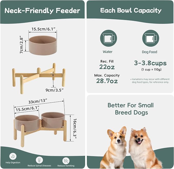 Havniva 6.1inch Ceramic Raised Dog Bowl with Stand, Double Dog Bowls Elevated for Small and Medium Breed Dog Food and Water Bowl Set Non-Slip Dog Dish Large Capacity Feeding Pet Water Bowl