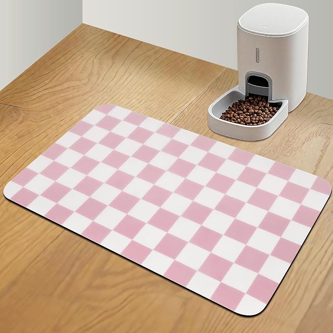 CooRug Checkered Dog Food Mat, Pet Feeding Mat 24" L x 16" W, Pink | Absorbent, Leak-Proof, Anti-slip, Quick Dry, Eco-friendly Materials, Easy to clean and store, For Messy Drinkers