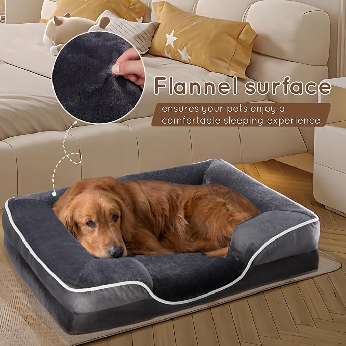 FluffyDream 42 inch Memory Egg-Crate Foam Dog Bed, Orthopedic Pet Couch Bed with Washable Removable Cover, Grey