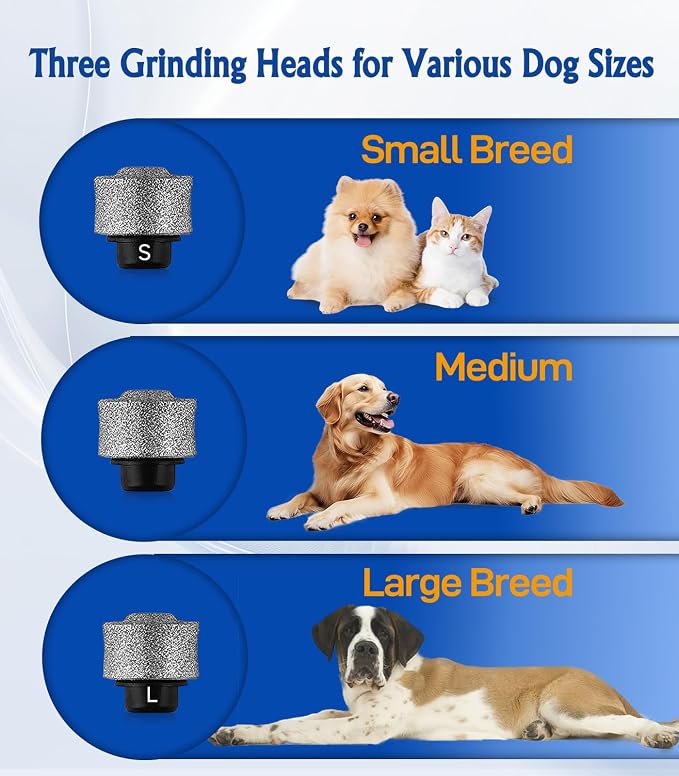 Petsaunter Dog Nail Grinder, 3 Grinding Heads, 2-Speed, LED Light, Touch-Switch, TypeC, Quiet, Low-Vibration, Dog Nail Trimmers for Large, Medium, Small Dogs & Cats with Hard/Thick Nails (U-Black)