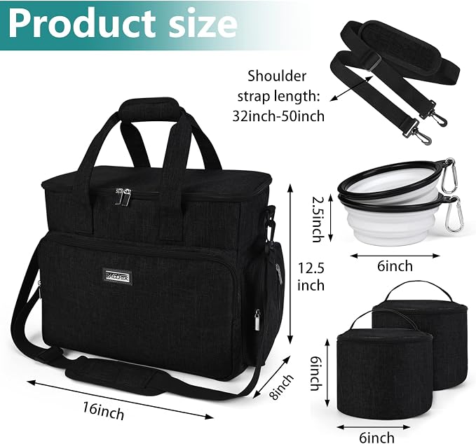 BAGLHER Dog Travel Bag, Airline Approved Pet Tote Organizer with Multi-Function Pockets, 2 X Food Storage Containers and 2 X Collapsible Bowls, Perfect Weekend Pet Travel Set for Dog, Cat Black