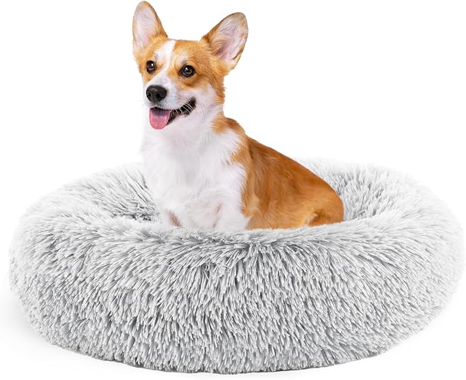 DUMOS Donut Dog Beds for Large Dogs, Machine Washable Cuddler Warming Cozy Fluffy Faux Fur Plush Round Pet Bed, Anti-Slip Bed for Indoor Dogs and Cats, 30.7x30.7 Inch, Grey