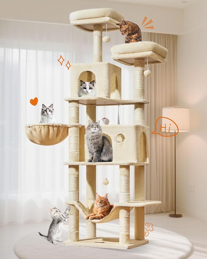 Taoqimiao Large Cat Tree, 73 in Tall Cat Tower with 2 Plush Big Cat Condos | 9 Scratching Posts, 2 Top Perches, Cozy Hammock & Basket, Indoor Cats, 2 Pompoms & Mouse Toy, Beige, MS013XLM