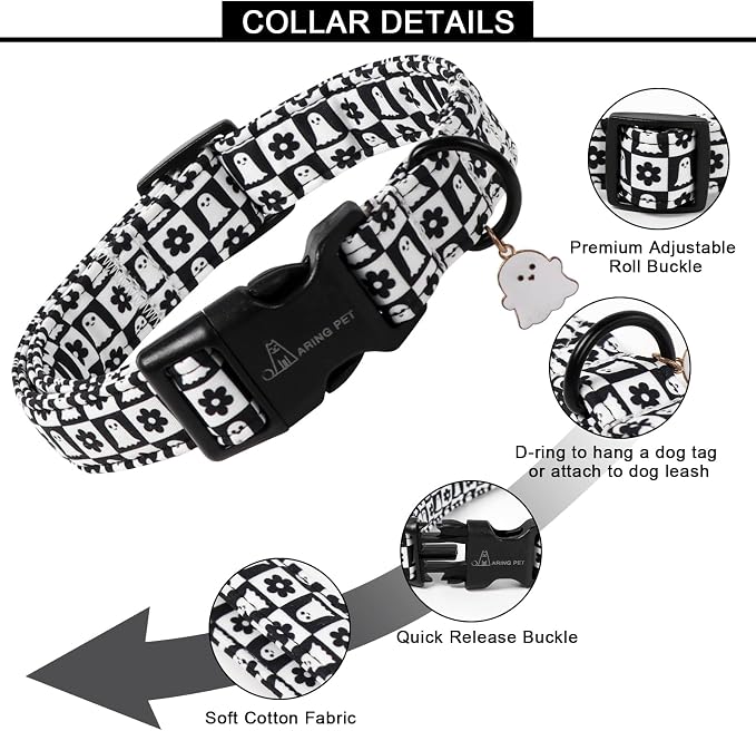ARING PET Halloween Dog Collar, Ghost Flower Pet Collars for Small Medium Large Girl Boy Dogs Puppy Collar with Quick Release Buckle-Black White XL Size