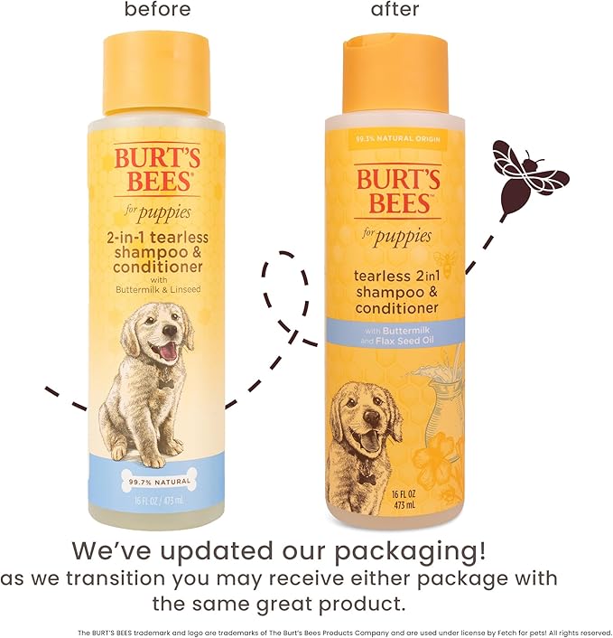 Burts Bees Tearless Puppy Shampoo & Conditioner with Buttermilk, 16 Fl Oz | Gentle 2-in-1 formula cleans and conditions sensitive puppy skin and coat, tearless for easy bath time