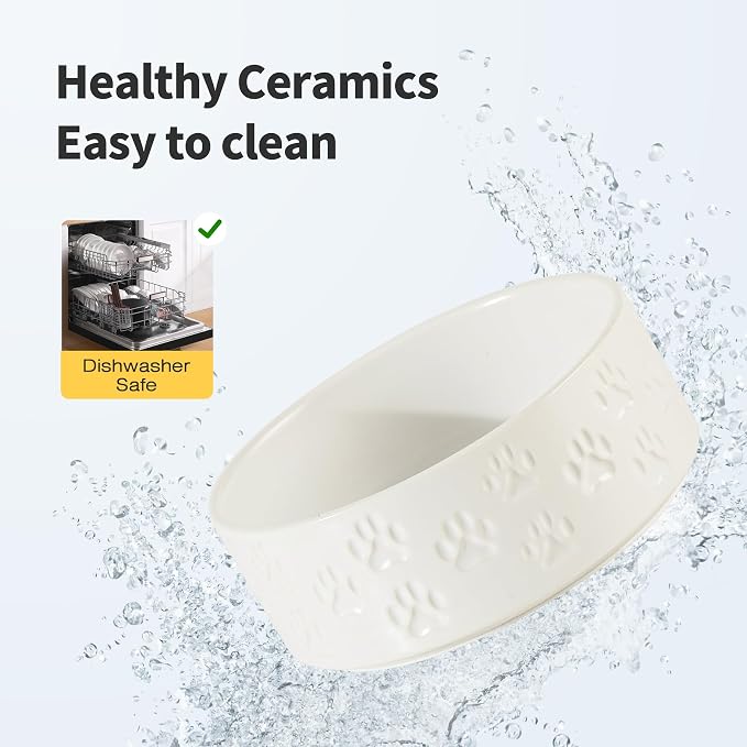 Elevated Ceramic Dog Bowl Set, Anti-Skid Bamboo Stand, White, 8.3 inch | Food and Water Bowls with Fixed Non-Slip Rubber Ring, Microwave Safe, Easy to Clean, 7.5 Cup per Bowl, for Large Breed Dogs