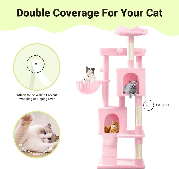 Allewie 64 Inches Multi-Level Cat Tree Tower for Indoor Cats Pink | Activity Center for Big Felines/2 Plush Condos/2 Perchs/Basket/House/Sisal Scratching Posts/Hanging Cat Toys
